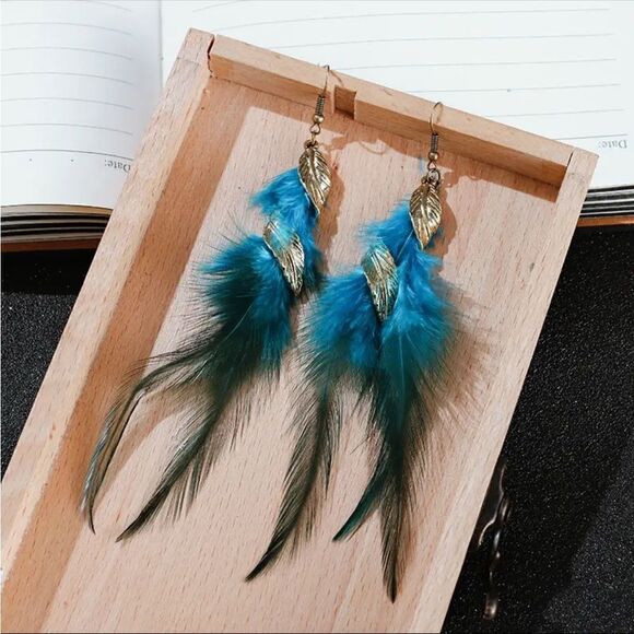 Turquoise & Green Feather Boho Earrings - Picture 1 of 4
